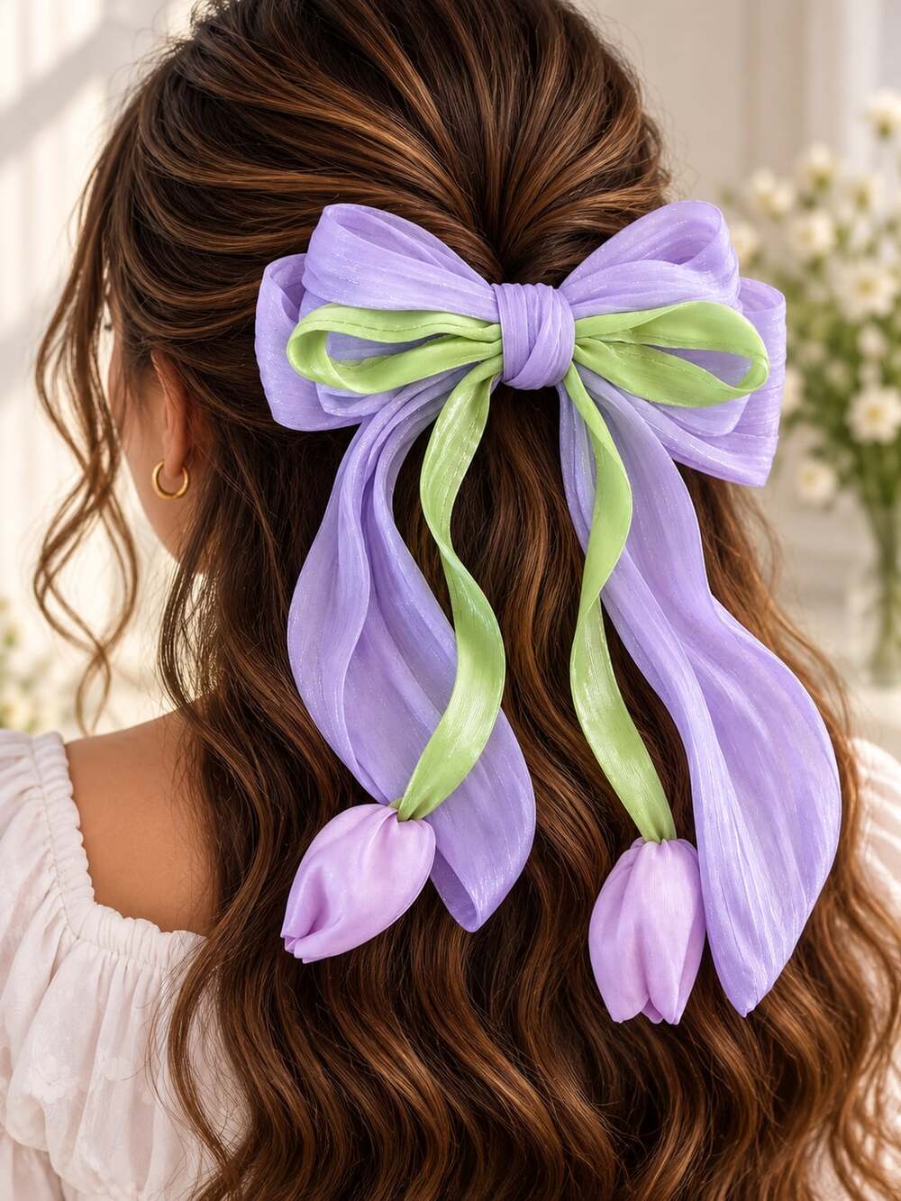 Purple Green Tulip Hair Bow Long Tail Floral Romantic Fairycore Hair Clip